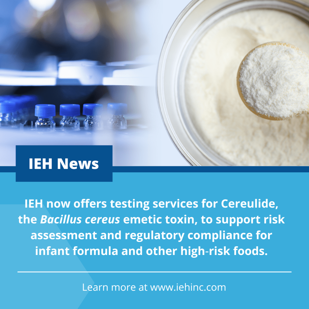 Laboratory vials and analytical equipment beside a container of powdered infant formula with a scoop; text announces IEH News offering testing services for cereulide, the Bacillus cereus emetic toxin, to support risk assessment and regulatory compliance for infant formula and other high-risk foods.