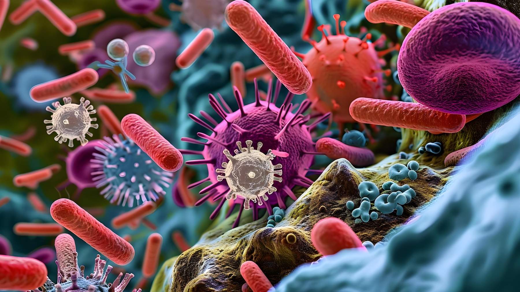 Diverse Microorganisms Found in Tumor Sample Under Microscope. Concept Microorganisms, Tumor Sample, Microscope Analysis, Diversity, Pathogenicity