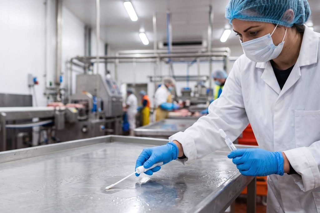 Food processing plant worker wearing mask and protective gear collects sample from stainless steel surface.