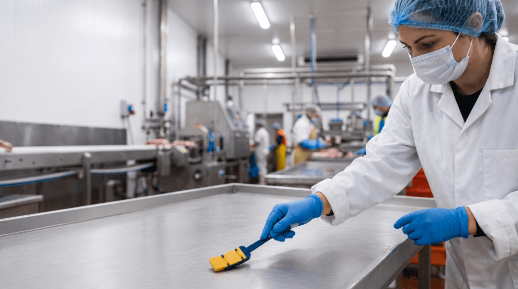 Food processing plant worker wearing mask and protective gear collects sample from stainless steel surface.