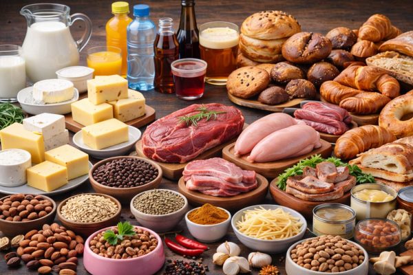 A wide assortment of foods from multiple food groups arranged on a wooden surface, including dairy products, raw meats, breads and pastries, legumes, nuts, grains, spices, and various beverages such as juice, soda, water, and beer.
