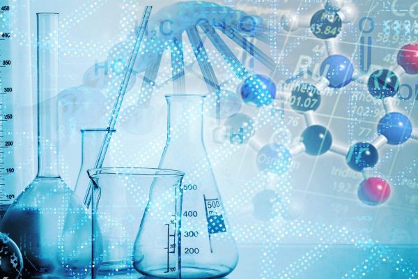 Rendering of chemistry molecules and chemistry beaker.