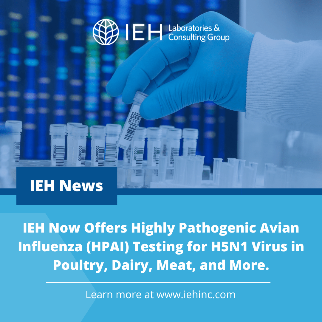 Banner with title IEH Now Offers Highly Pathogenic Avian Influenza (HPAI) Testing for H5N1 Virus in Poultry, Dairy, Meat, and More.